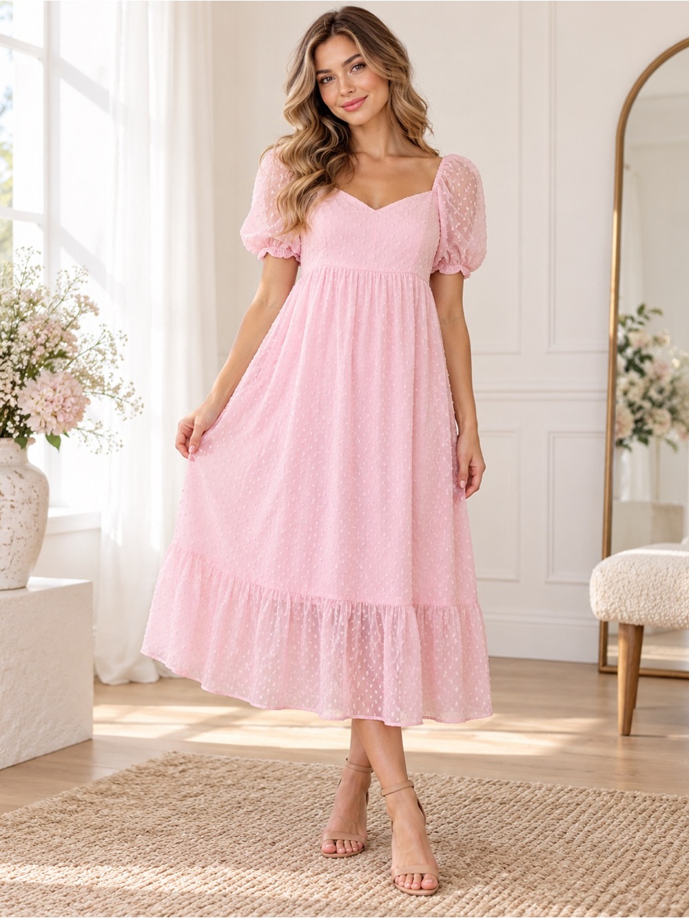 Andrée by Unit Swiss Dot Puff Sleeve Midi Dress Size Medium
